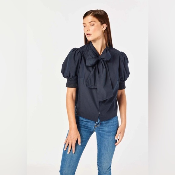 Cartolina Nantucket Tops - Cartolina Nantucket Peggy Navy Blue Blouse Neck Tie Poplin NYC Top Size Small